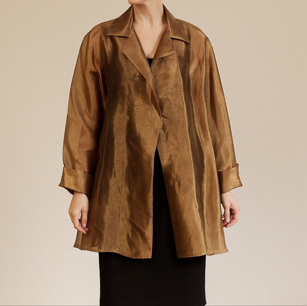 Vtg Fellini Formal Open Front Gold Sheer Organza Minimal Lagenlook Coat Jacket